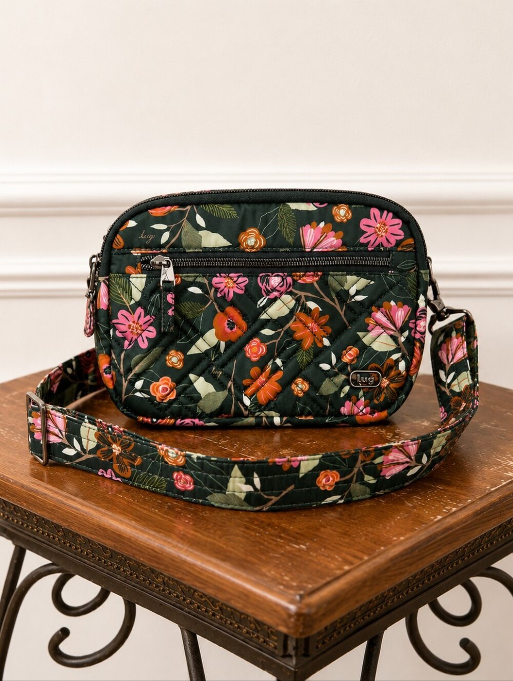 lug Quilted Forest Green Floral Crossbody with Pink & Orange Blooms